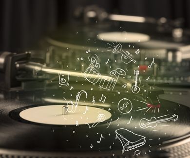 Turntable playing classical music with icon drawn instruments concept on background